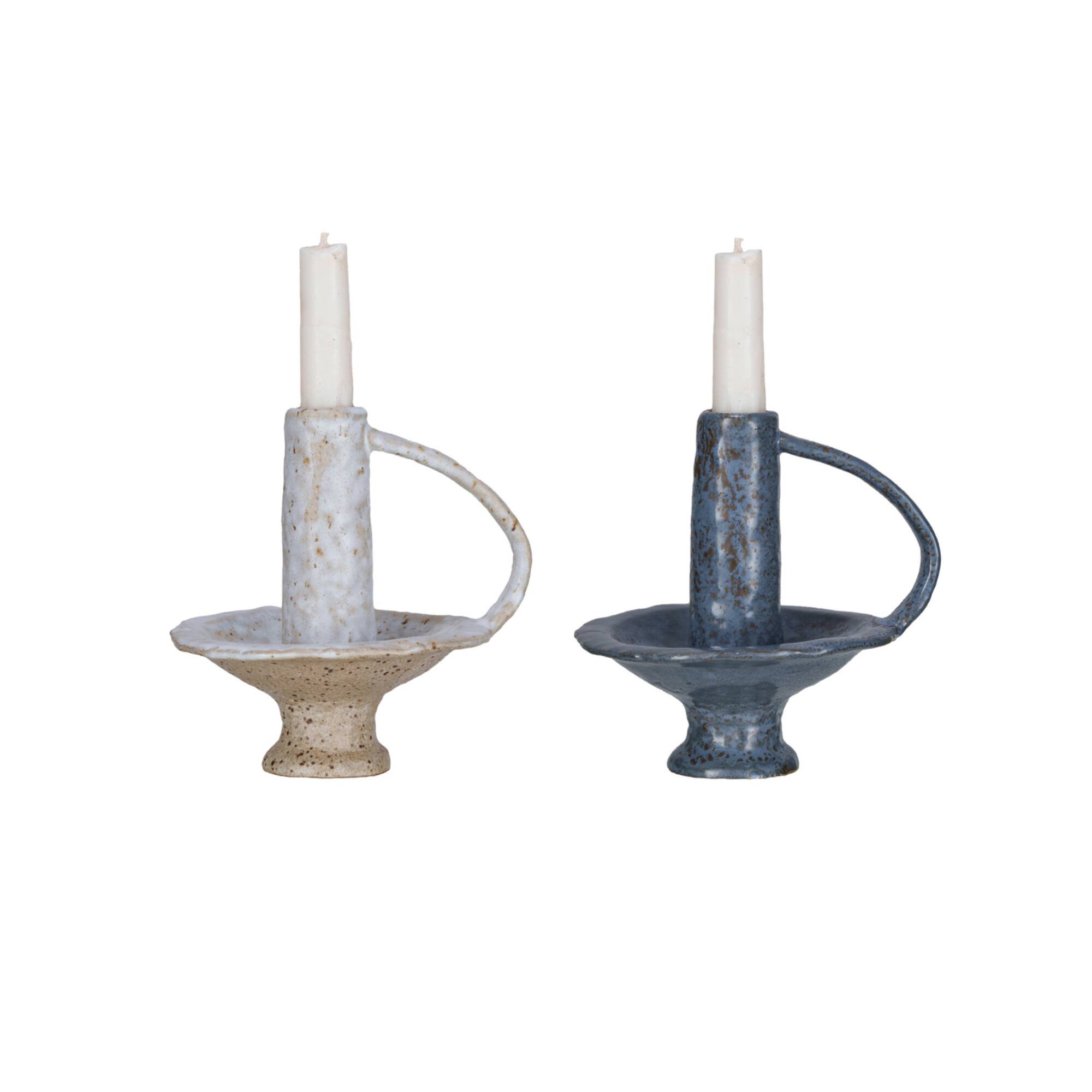 Hello Honey® 5.5" Round Stoneware Candle Holder with Handle Set